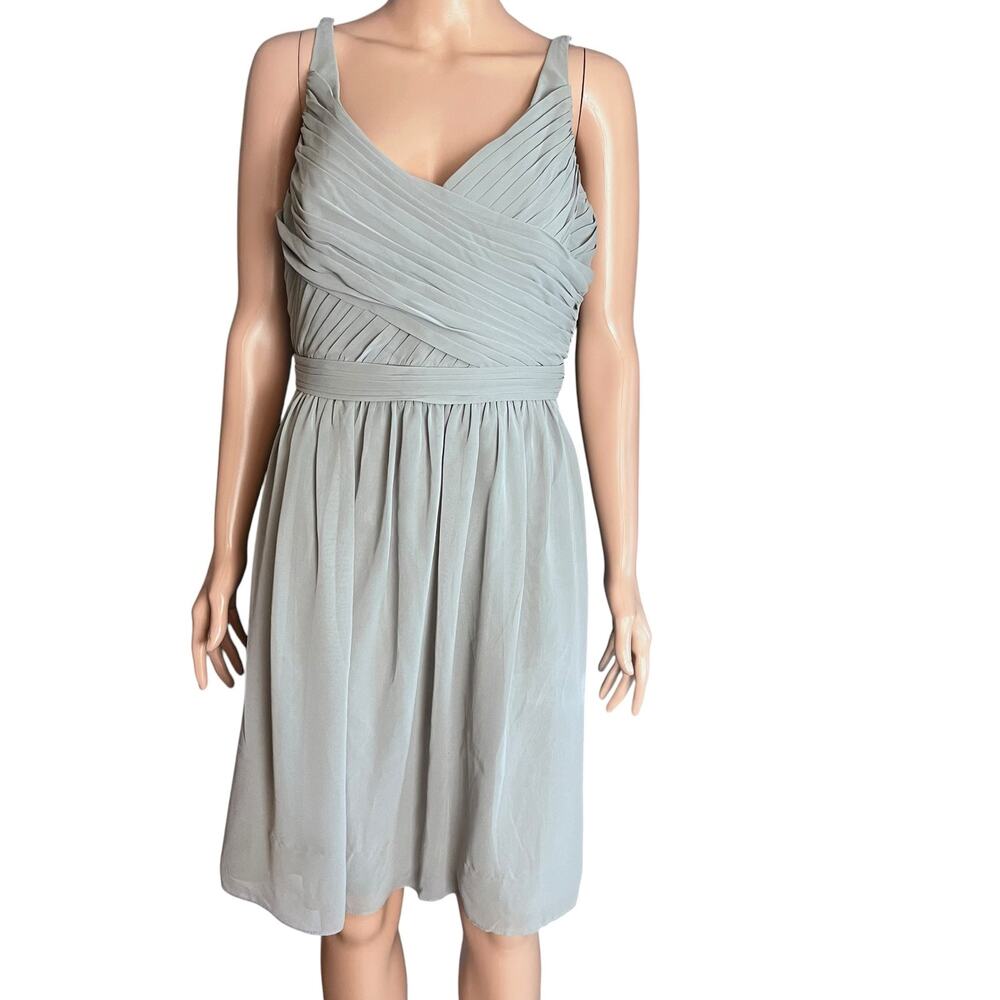 David’s Bridal Gray Chiffon Crossover Wrap Midi Dress 12 Ruched Flowy Fairy
